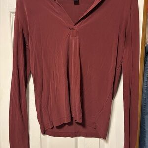 Red Notched Collar Blouse with Long Sleeves